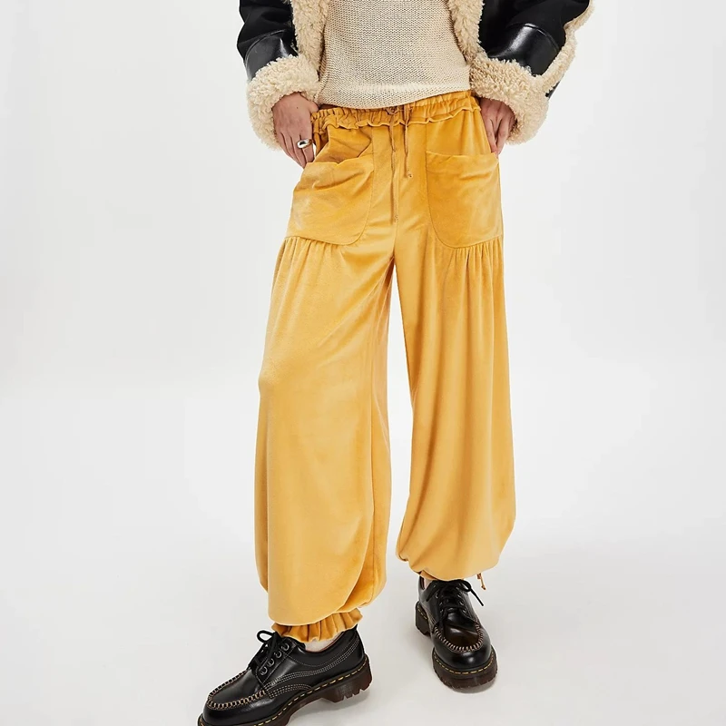 سروال نسائي طويل برباط مرن من Combhasaki بخصر منخفض مع جيوب Y2k سروال مخملي عتيق #1