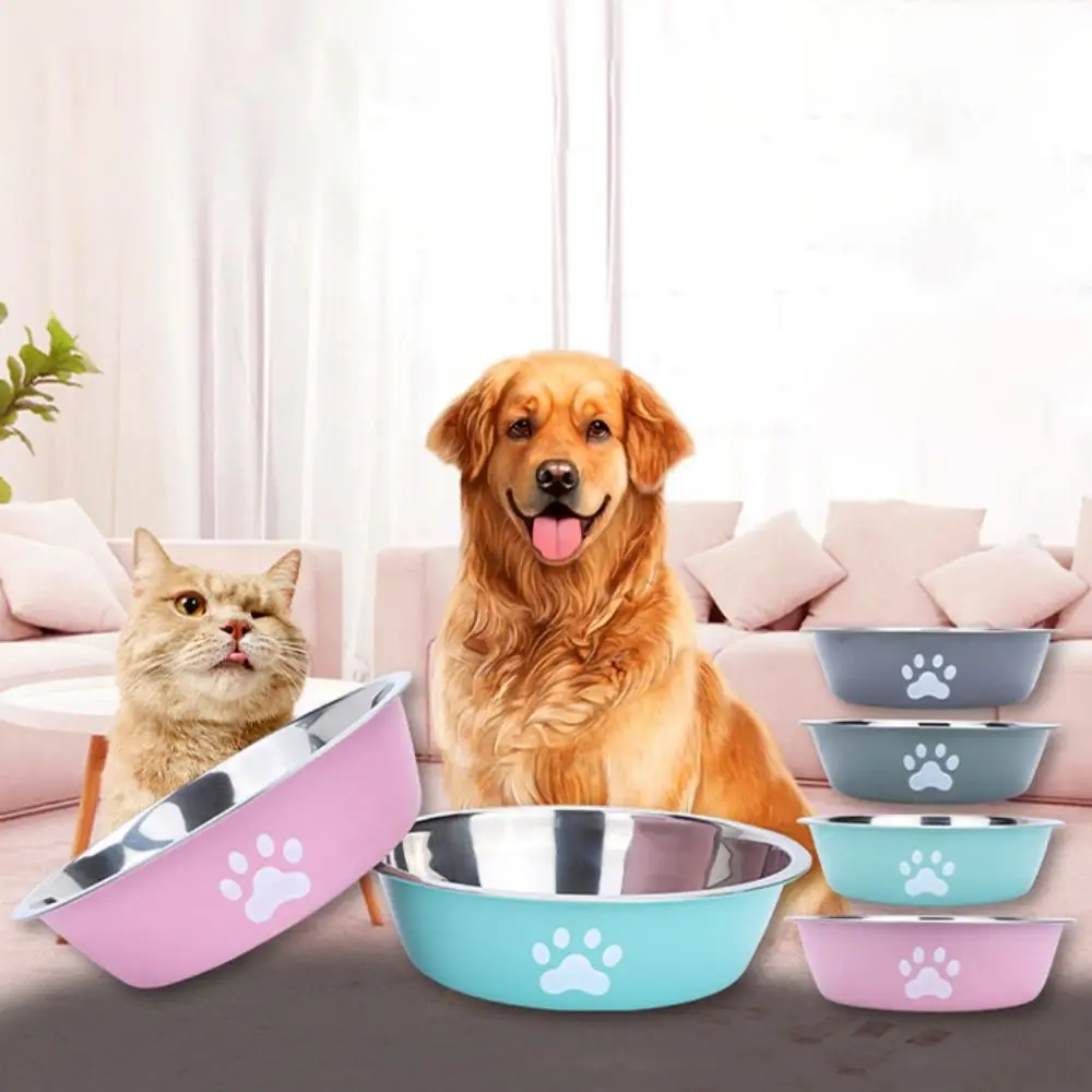 Non-slip Stainless Steel Dog Bowl Large Capacity Bilayer Dog Water Bowl Cat Paw Pattern Non-rust Dog Food Bowls Drinkers Home