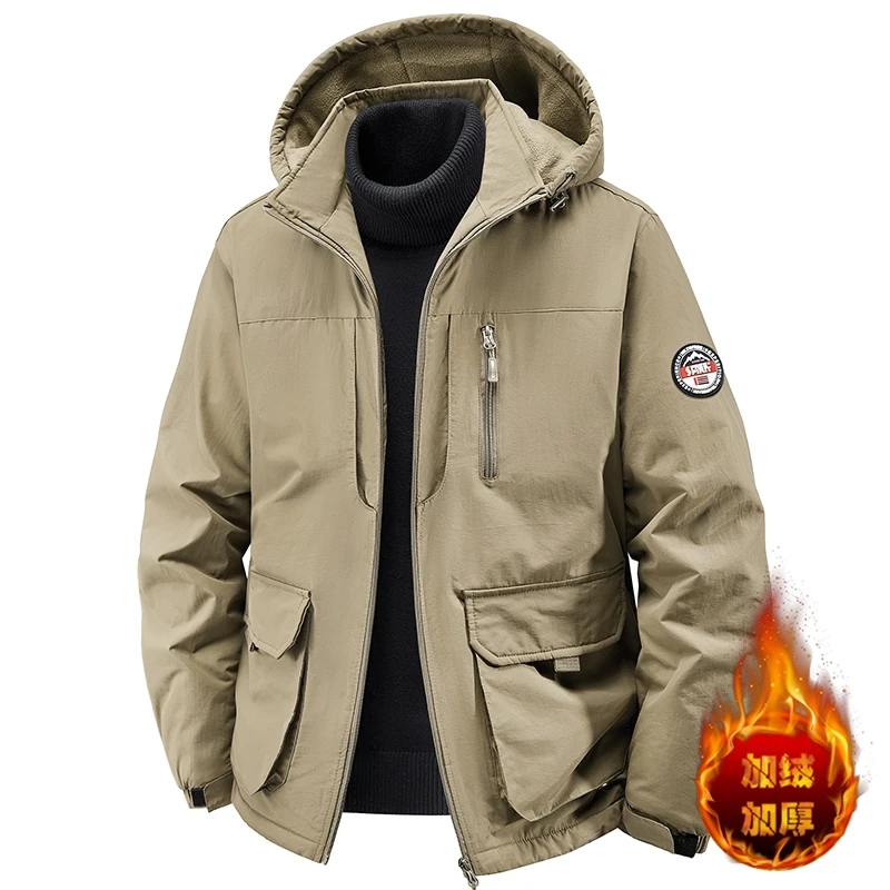 Big size 8XL Autumn Winter Men's Fleece Thickened Hooded Multi-Pocket Zipper Men Jacket Fashion Outdoor Sport Hiking Coat Parkas