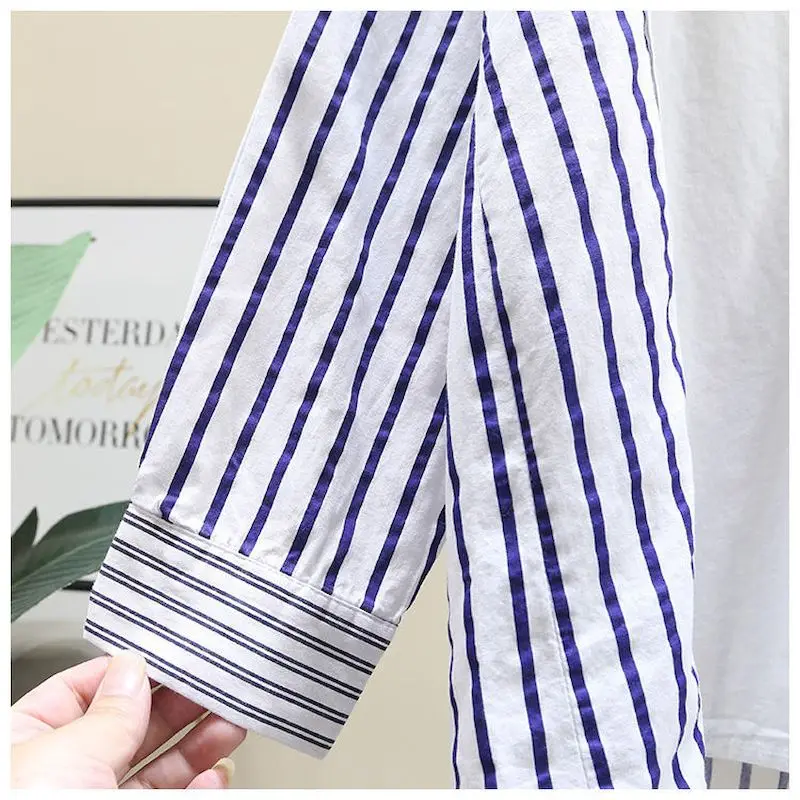 Blouses Women Stitching Striped White Shirts 2024 Spring Autumn New Tops Korean Style Loose Mid-length Shirt Casual Top Coats