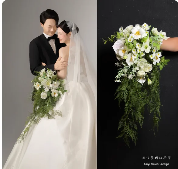 

Bride wedding holding flowers waterfall hot asparagus artificial flower drops engagement bouquet romantic photography props new