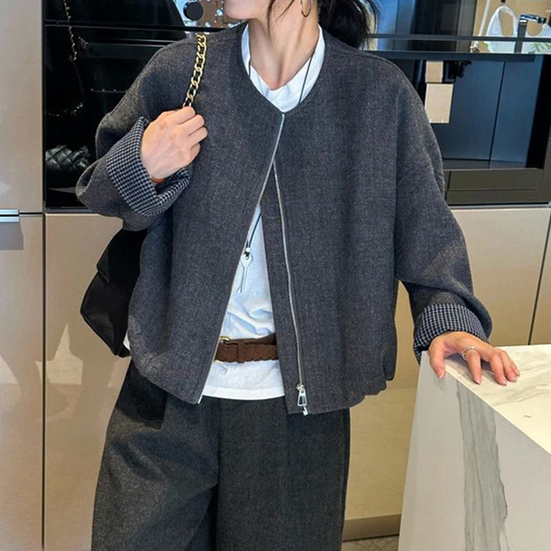 

Корейская модная винтажная клетчатая куртка женская весенне-осенняя свободная повседневная уличная одежда на молнии пальто повседневная мешковатая верхняя одежда с длинными рукавами