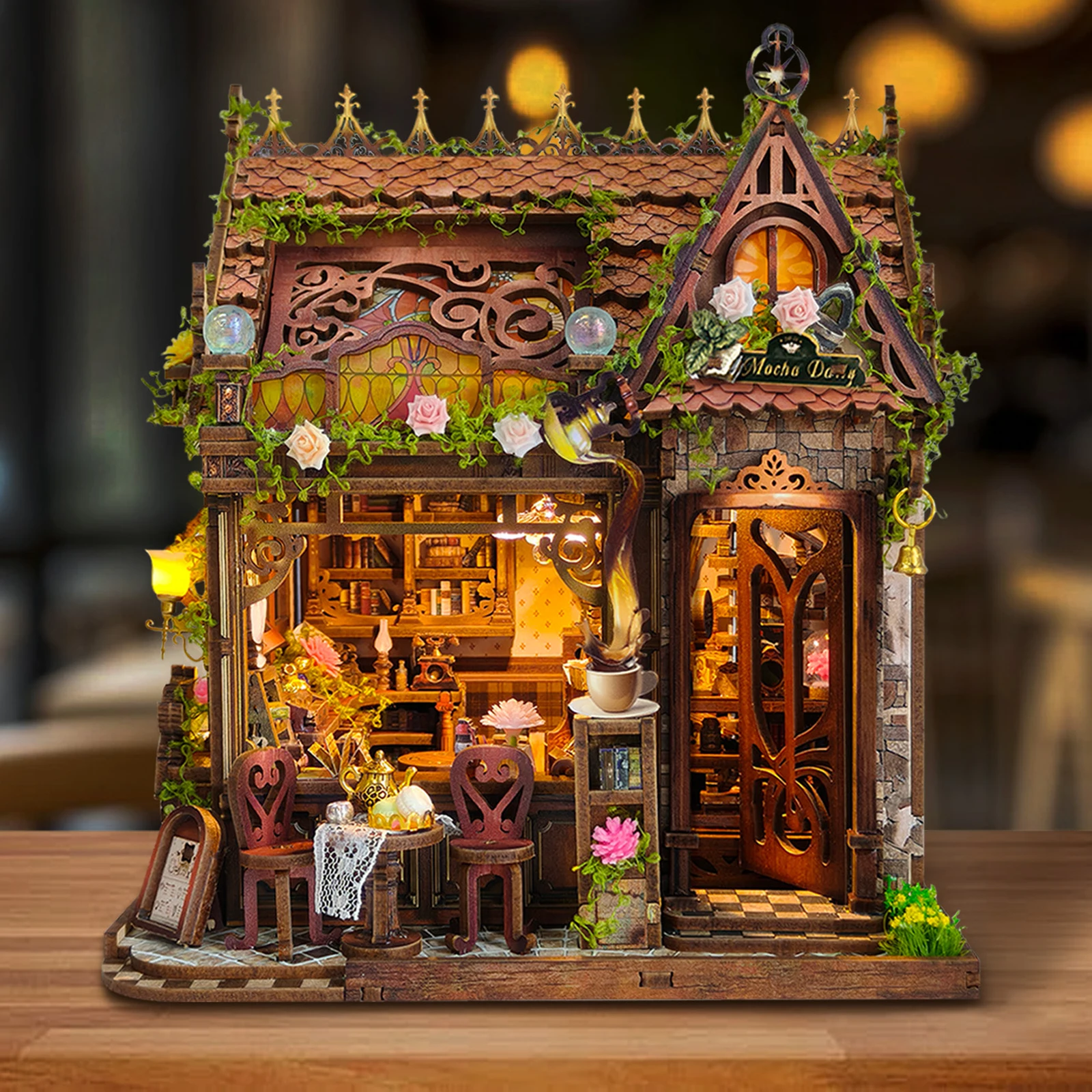 DIY Wooden Mocha Diary Cottage Figurines Miniatures Kits with Furniture for Friends Birthday Gifts Home Decor Crafts