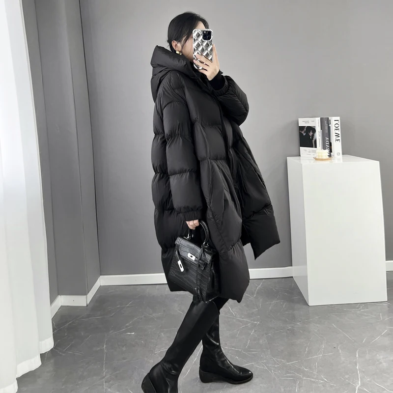 Black Women Bread Down Jacket 2024 Winter New Fashion Hooded Thicken White duck down Coat Loose Casual Female Parkas Overcoat