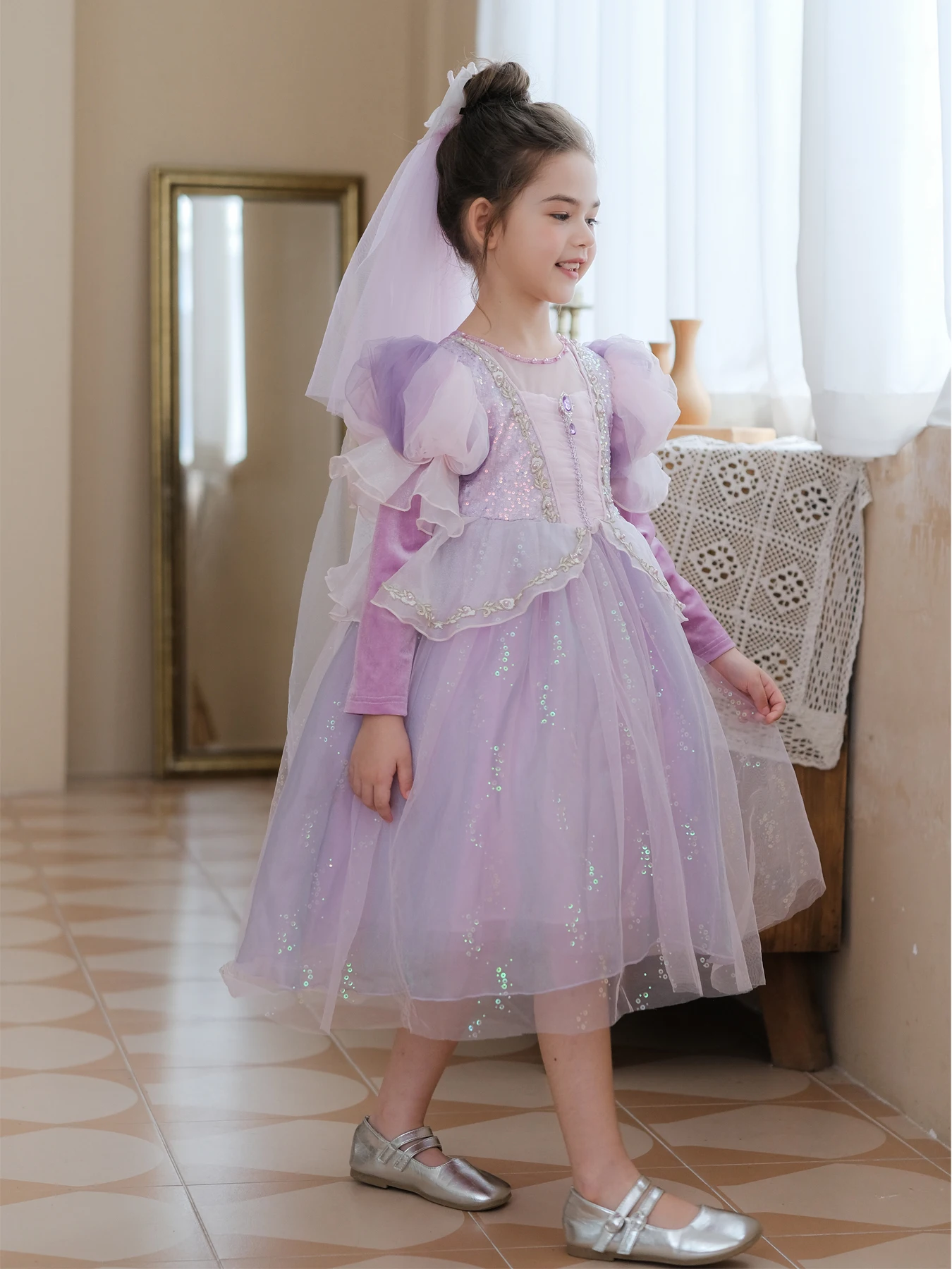 Girls Princess Dress, Elsa Princess Dress Up Long Sleeve Ice Queen Costume with Tulle Shawl for Little Girls Cosplay Birthday Pa