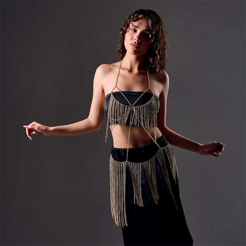 Damen Gold-Ketten-Halter-Bodychain-Kleid mit Fransen und Quasten, 2-teiliges Set, Party-Club-Rave-Outfit, Einheitsgröße, Dropshipping – Detail 5