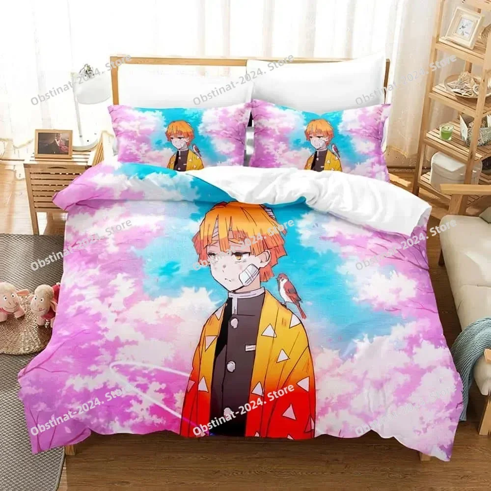 패션 애니메이션 악마 슬레이어 싱글 트윈 침구 세트 베개 커버 이불 커버가있는 인쇄 부드러운 싱글 더블 퀸 슈퍼 킹 사이즈