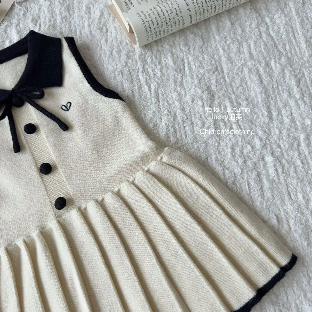 Girls Summer Knitted Vest Dress 2026 New Kids Bow Knot Polo Collar Pleated Dress Children Sleeveless Princess A-Line Clothing