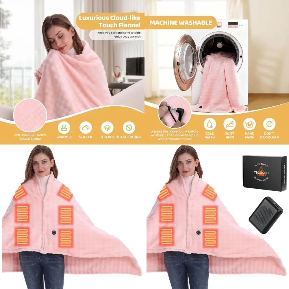 

Портативное перезаряжаемое одеяло с подогревом емкостью 20000 мАч, электрический плед 59x35,5 с 3 уровнями нагрева, розовый