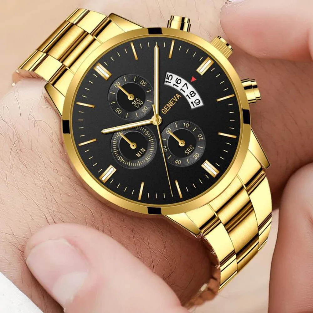 Geneva-Reloj de pulsera de acero inoxidable para hombre, cronógrafo de cuarzo con tres ojos, estilo militar, resistente al agua, para negocios, nuevo