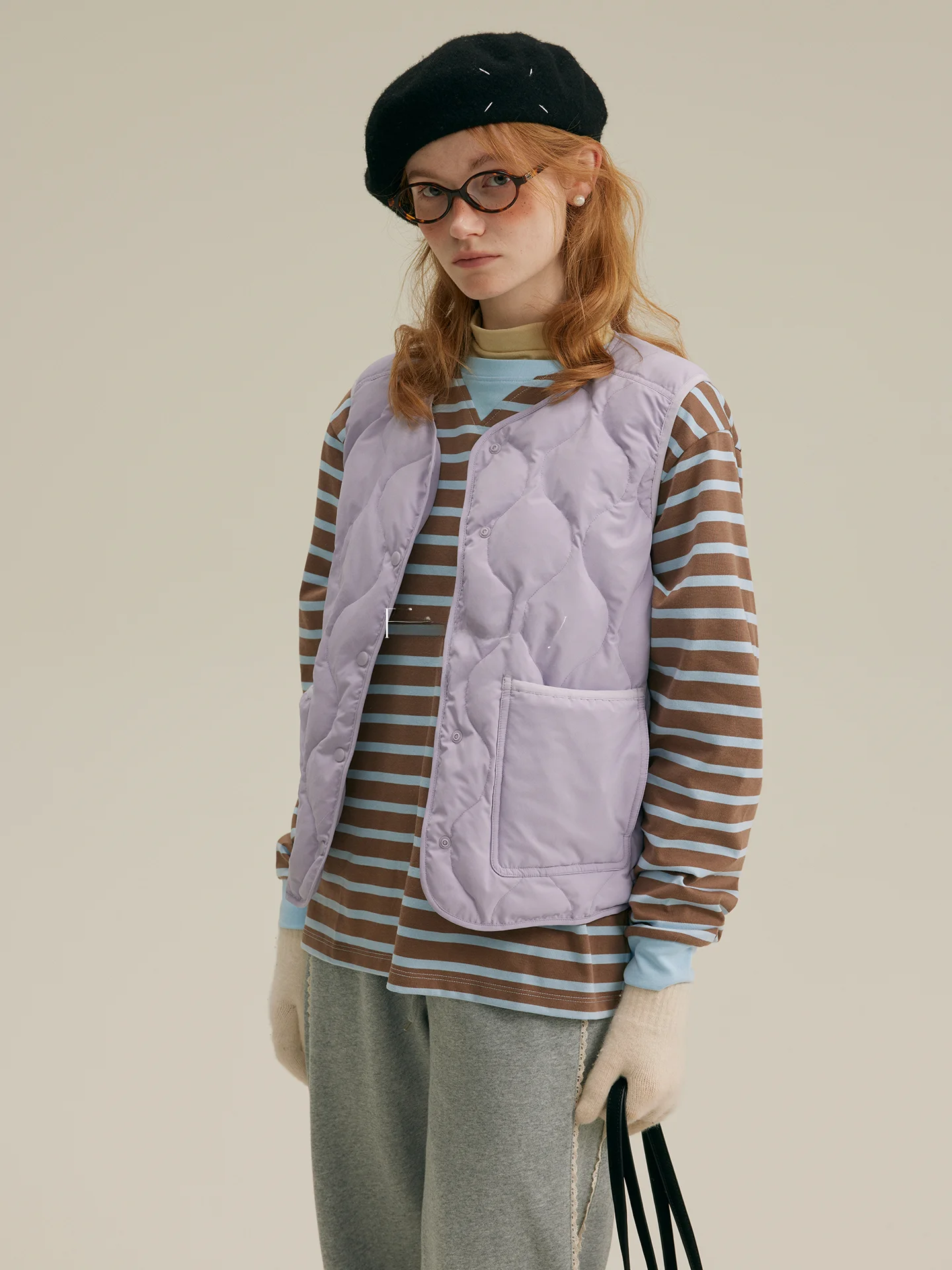 

Rina Berry Purple Du Feather Vest Warmth Layering Design Pure Color Basic Tank Top Commute Sle round Ne Single Button