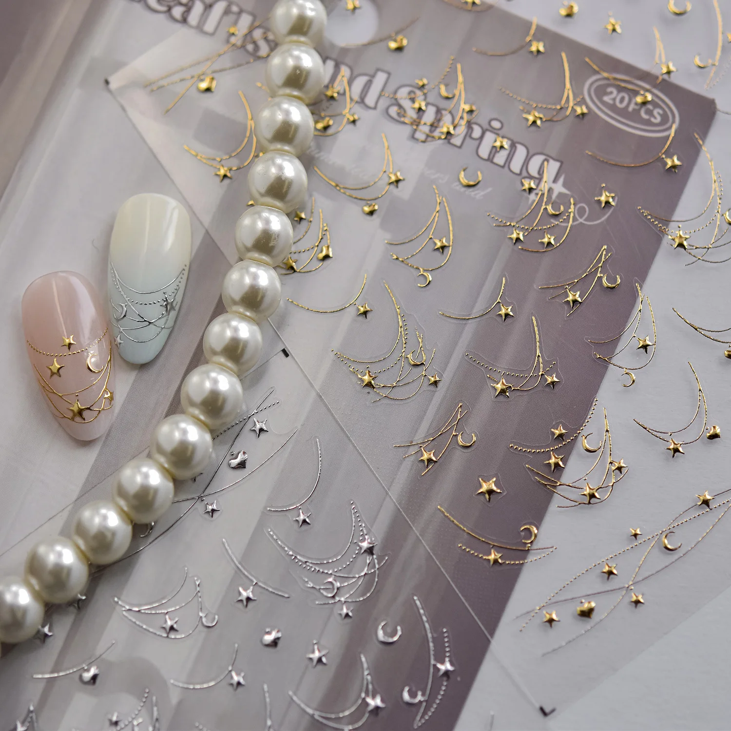 

5D Gold Silver Star Moon Love Heart Curved Line Manicure Decals Arc Dreamy Necklace French Tassel Design Adhesive Nails Sticker#