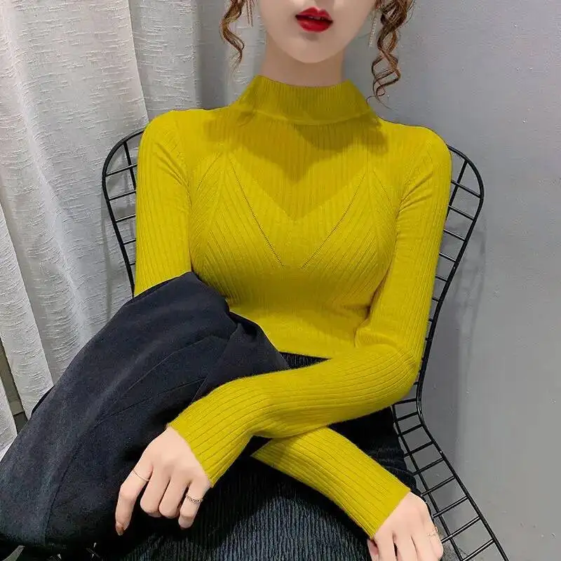 

Женский корейский модный сексуальный прозрачный сетчатый лоскутный базовый вязаный свитер, элегантный тонкий пуловер с высоким воротником и длинными рукавами