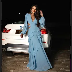 Sexy Long Blue Deep V-Neck Chiffon Evening Dresses With Ruffles A-Line Pleated Floor Length Prom Dress for Women