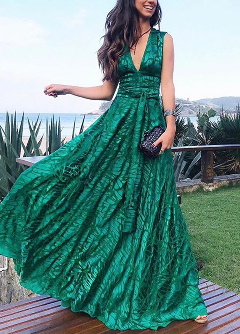 Fashion Green Printed Party Dresses Sexy Deep V Neck Evening Dresses Elegant Sleeveless Bow Ruffles Female Prom Vestidos Robes