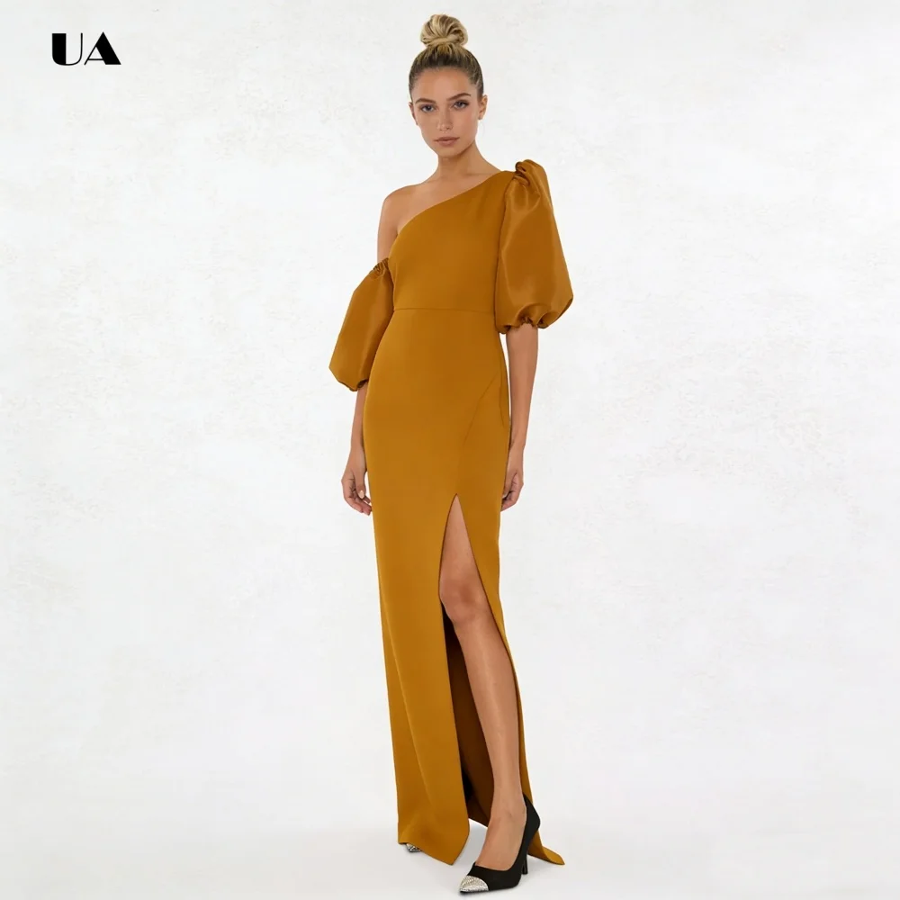 ULBYANRN Ballkleid mit asymmetrischem Ausschnitt, solides Abendkleid mit hohem Schlitz und Satin-Ballonärmeln, einfaches, maßgeschneidertes Partykleid