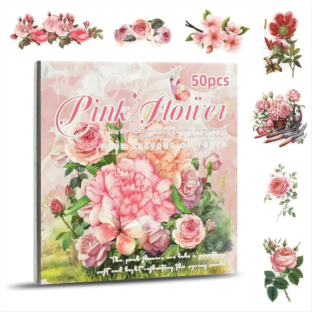 REST Flower Sticker, Scrapbooking Supplies for Adult Junk Journal 50 Sheets, Transparent Stickers and Material Paper Pink