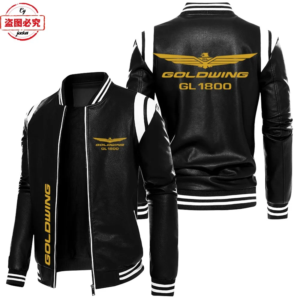 Golden Wing 1800 Motorcycle LOGOpu Leather Jacket Windproof Men's Autumn and Winter Fleece Contrast Leather Jacket