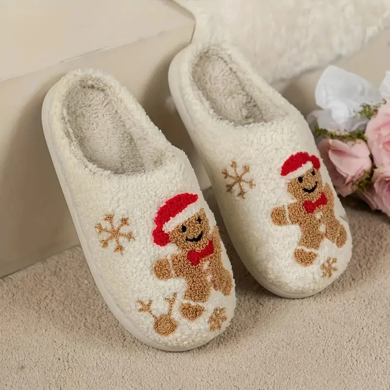المرأة عيد الميلاد الزنجبيل رجل و ندفة الثلج التطريز نمط دافئ لينة مغلقة اصبع القدم شبشب منزل غير رسمي ، الخريف/الشتاء #3