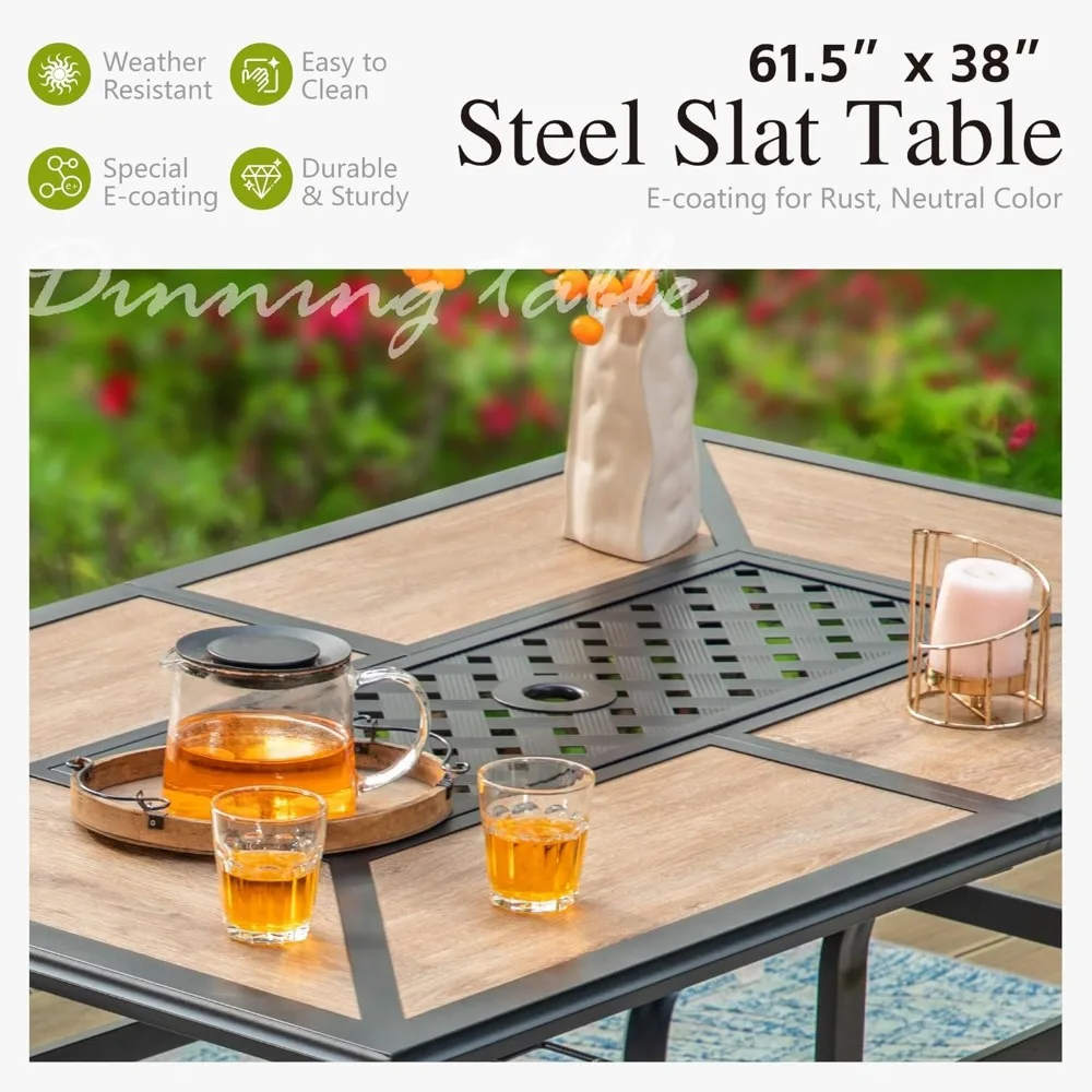 Rectangular Outdoor Dining Table with 1.6"-2" Adjustable Umbrella Hole, 6 Person Patio Table for Outdoor, Rectangle Patio Table