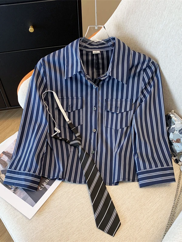 

Women's Striped irt Sve Design Sensation plus Size Waist Inward Early Autumn Faion Artistic Loose Fit Breathable