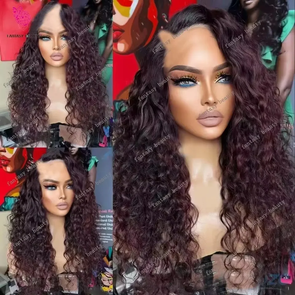 Ombre 99j Burgundy Red Side Part Bouncy Curly Remy 100% Human Hair Water Wave U Part Wig Cheap Hair for Black Women Natural Hair