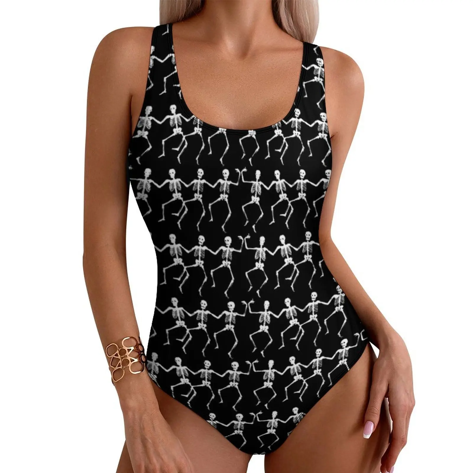 

Spooky Halloween Print Swimsuit Sexy Dancing Skeletons One-Piece Swimwear Push Up Swimsuits Trend Sport Beach Wear