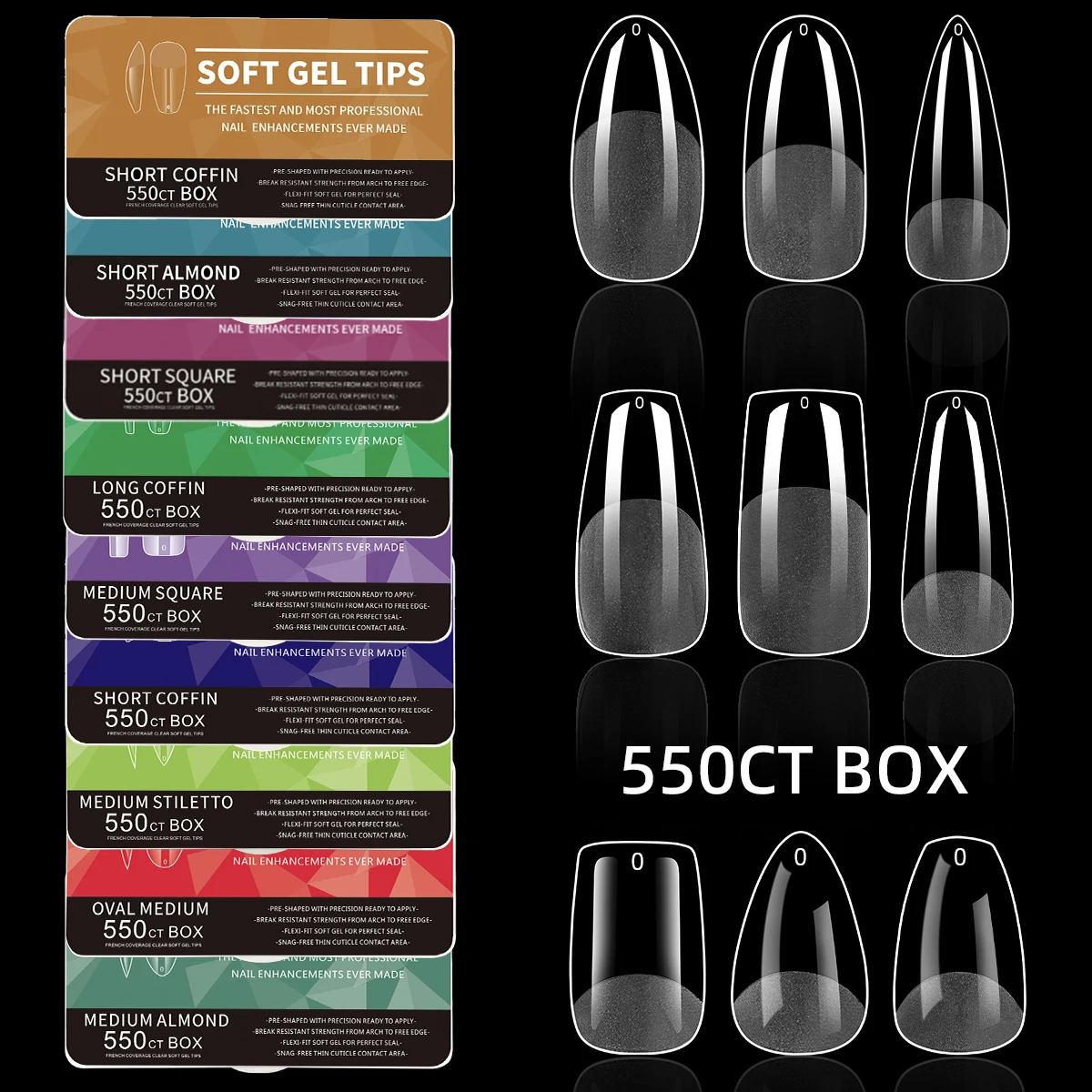 550PCS Soft Gel Nail Tips Full Cover False Nail Tips for Acrylic Nail Extensions Short Almond Transparent Artificial Nails
