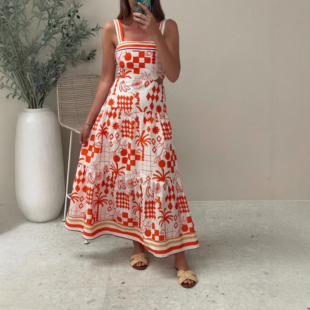

Summer European And American New Temperament Women's Clothing Contrasting Color Suspender Print Dress
