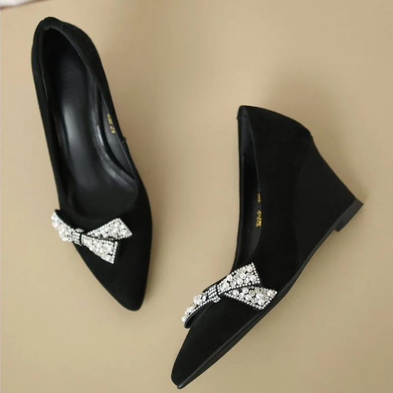 FHC Nubuck Women Pumps,High Heels Flock Shoes,Rhinestone Bowtie Wedges,Slip On,Pointed Toe,Black,Big Size,34-42,Dropship