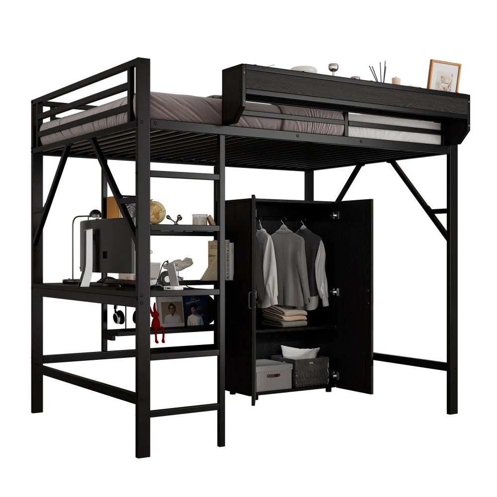 PINGGO Eisen-Hochbett mit Schreibtisch, Doppelstauraum, Kleiderschrank, Eisen-MDF, Schwarz, 140x200cm, ohne Matratze – Detail 10