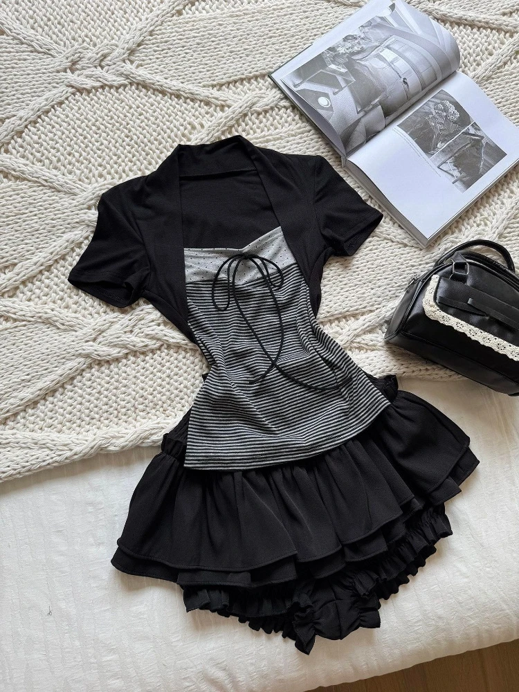 Y2k Subculture Striped Patchwork Slim Short Sleeve T Shirts 2000s American Vintage Fake 2 Piece Tees Women Harajuku Casual Tops