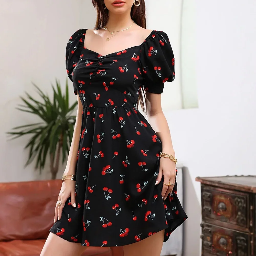 CPSYMYM 드레스 봄 여름 한국 달콤한 체리 인쇄 퍼프 슬리브 연인 목 여성을위한 a 라인 미니 휴가 드레스
