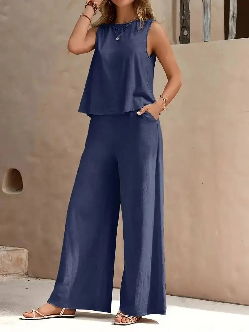 Casual Simple Pants Set Womens Sleeveless Summer  Pants Suit Flash Sale Solid Color Elegant Two Piece Round Neck Suit
