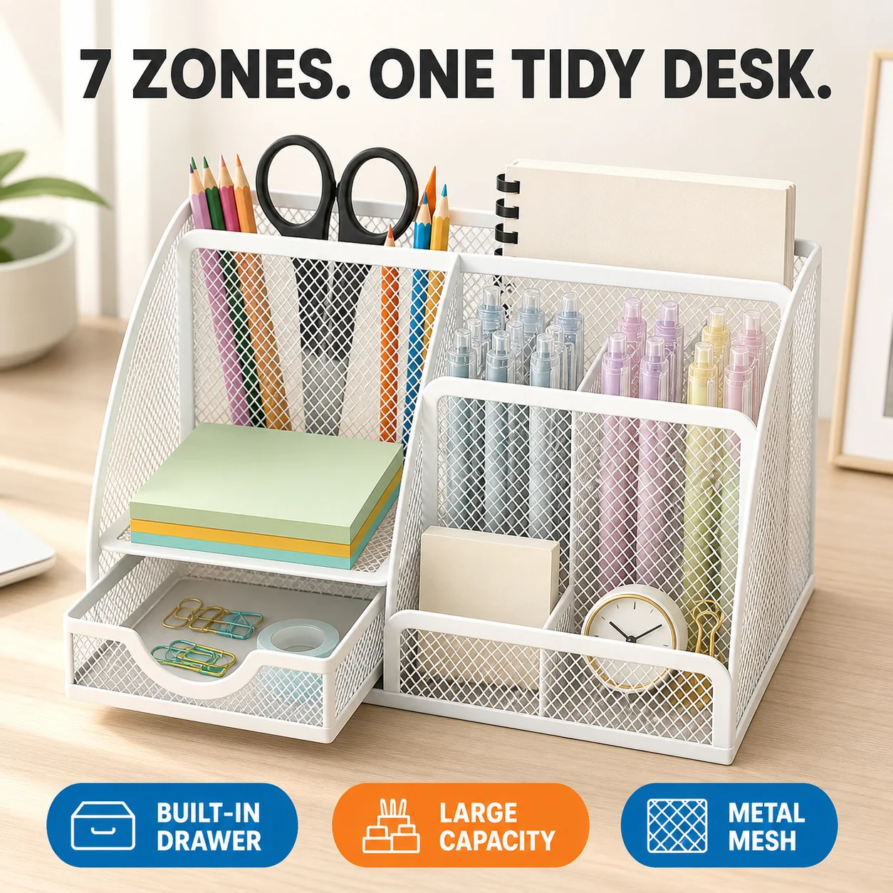 Organizador de Mesa em Metal com 7 Compartimentos e Gaveta, Grande Capacidade para Material de Escritório, Ideal para Estudantes e Professores
