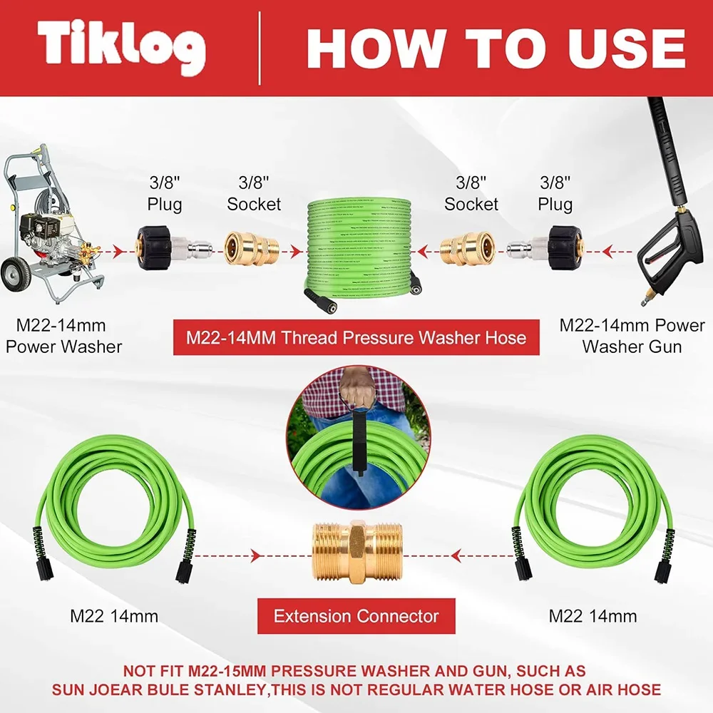 Ultra Flexible Pressure Washer Hose Pipe Cord Kink Resistant Pressure Washing Extension Hose M22 14mm Thread 3/8 Quick Connect