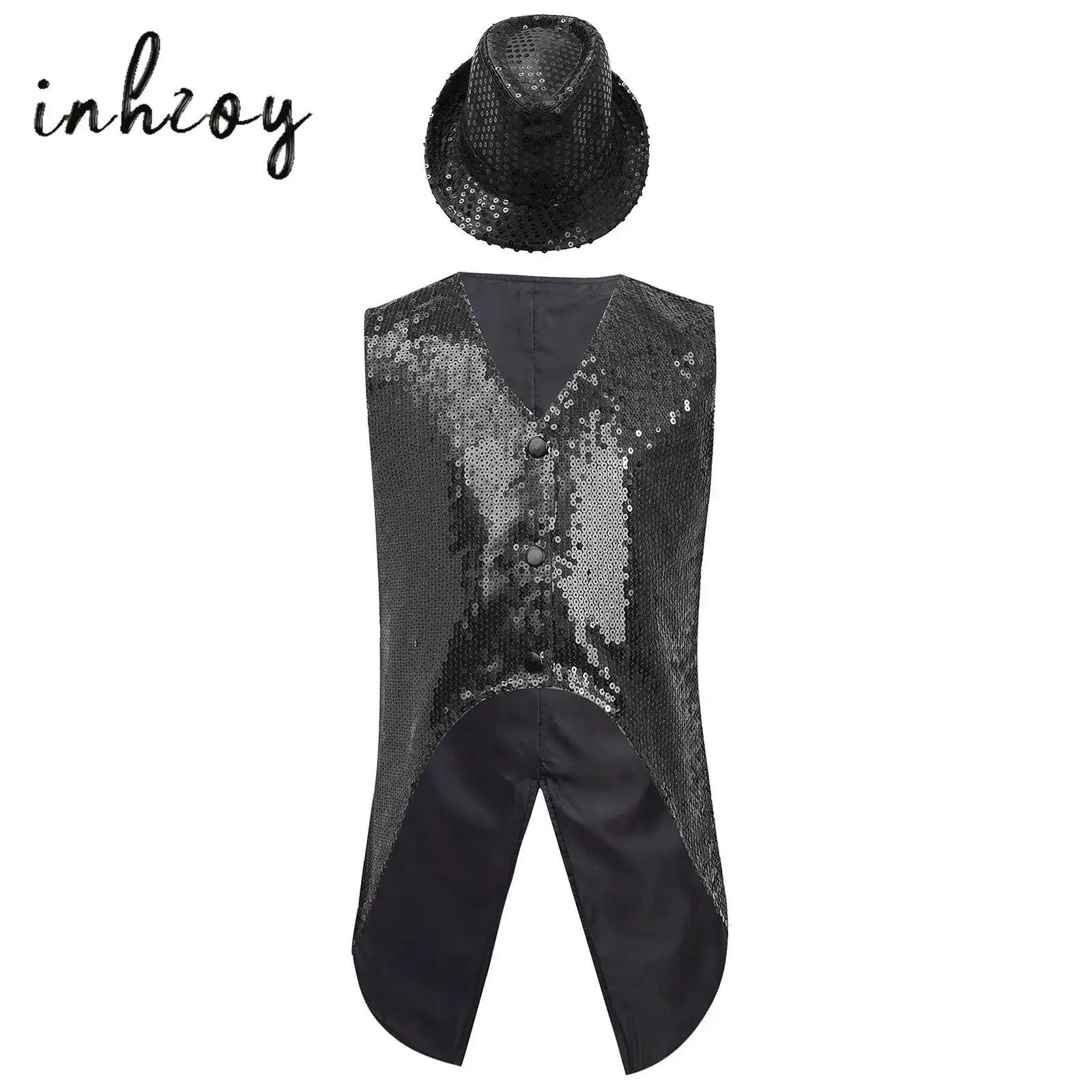 

Kids Boys Jazz Dance Costume Sleeveless Asymmetrical Hem Sparkly Sequin Vest with Hat for Jazz Dance Party Stage Performance