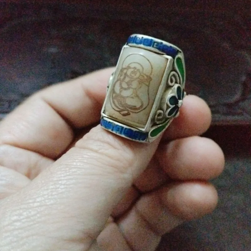 Vintage Old Silver Ring with Patina, Inlaid Hetian White Jade Maitreya Buddha, Unisex Square Collectible Adjustable Ring