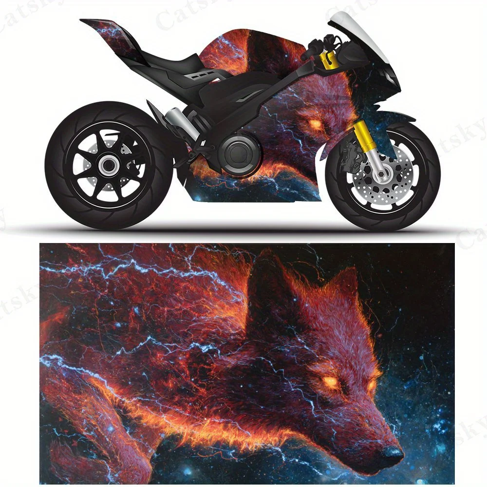 

Interstellar Fire Wolf Motorcycle Film Stickers, Durable PVC Adhesive Decals for Motorcycle Customization, Weather-Resistant Pro