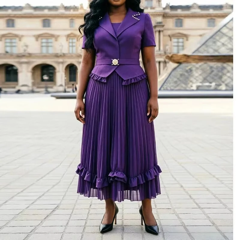 ANLAN Ruffle Hem Pleated Fake Two Pieces Design Women's Dress Notched Collar Short Sleeve Black Fashion Summer Dresses 9AN7315