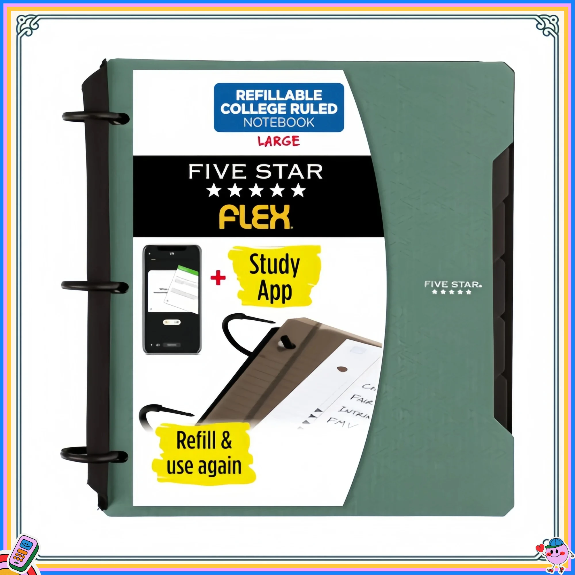 

Многоразовый блокнот, бумага в подкладке для колледжа и 1-дюймовая папка с карманами, вкладками и разделителями, вместимость 200 стоек, морское стекло зеленое