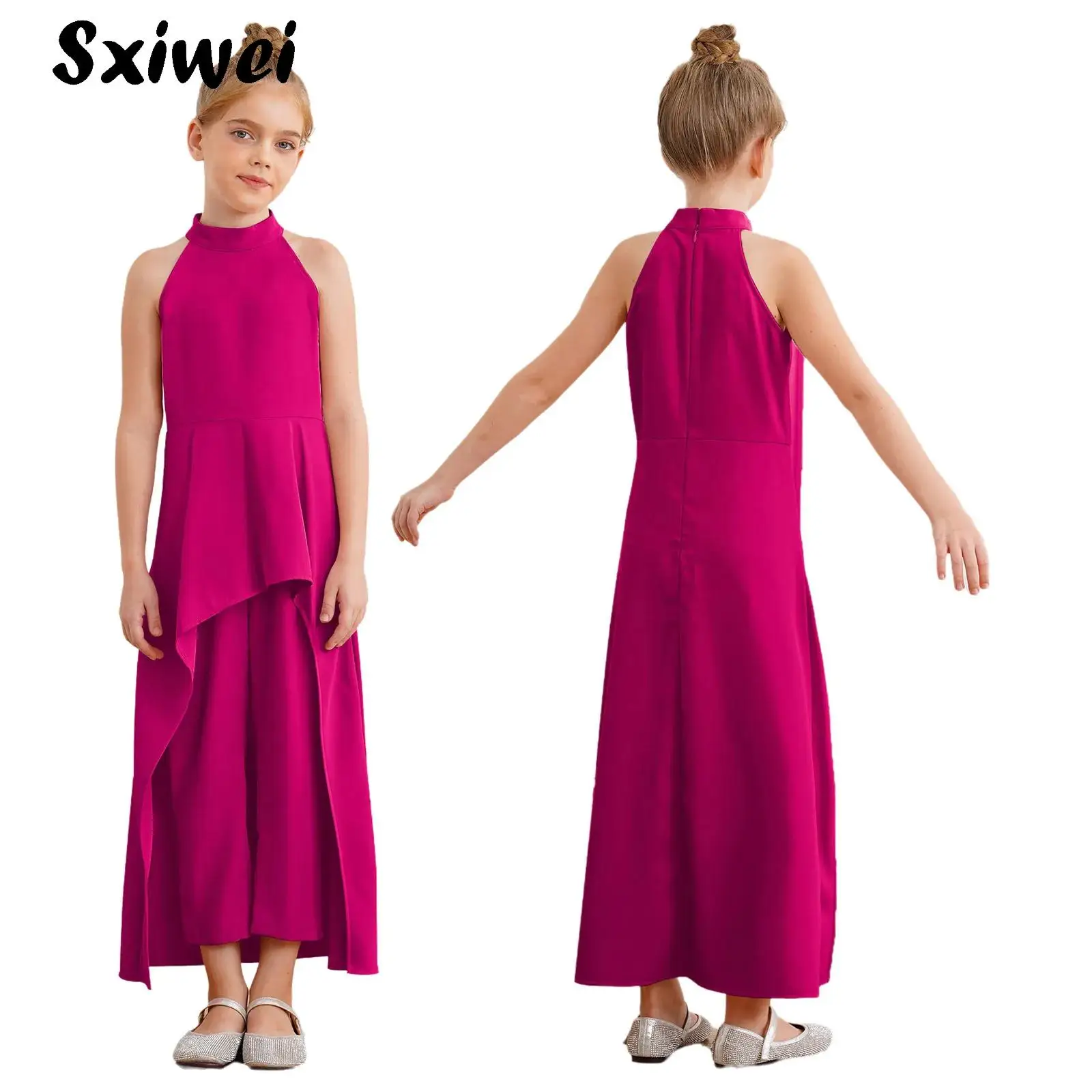 

Kids Girls Romper Dress Jumpsuit with Split Overlay Skirt Children Sleeveless Full Bodysuit for Birthday Evenings Party Pageant