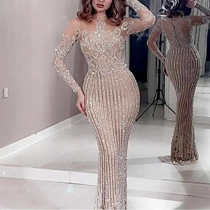 

Sexy Tight Dress High Waist Bronze Winter Women's Long Sleeve Female Dinner Full Length Dress Shiny Sequin Women
