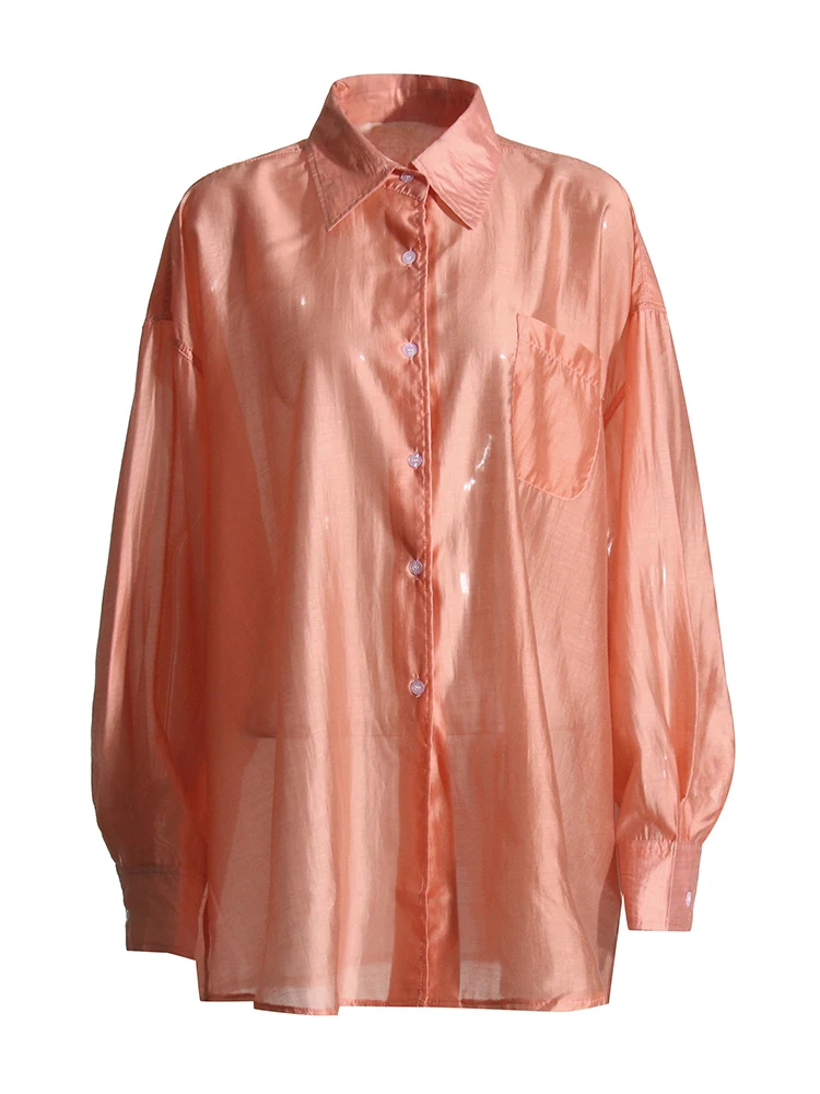 VGH Casual Loose Solid Shirts For Women Lapel Long Sleeve Patchwork Single Breasted Minimalist Blouses Female Fashiion Style New