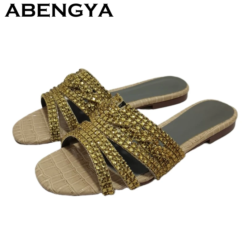 Shining Rhinestone Flat Slippers Women Square Open Toe Flip Flops Crystal Mules Ladies Summer Casual Beach Slides Shoes Female