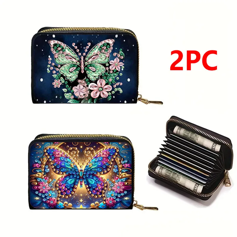 

2, набор алмазной живописи «сделай сам», футляр для карт на молнии, материал из искусственной кожи, портативный кошелек для монет ручной работы с узором бабочки