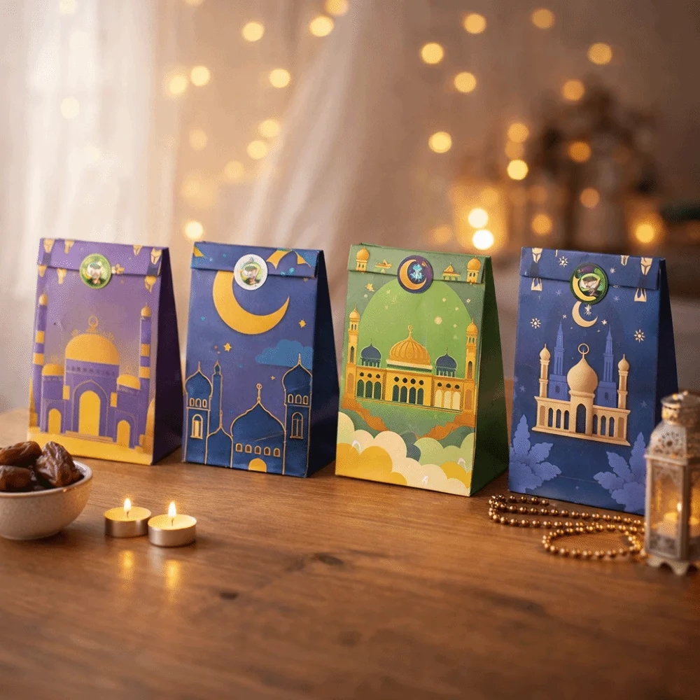 12Pcs Multicolor Ramadan Gift Bag Kraft Paper Mixed Pattern Eid Mubarak Gift Bag Oil-proof DIY Eid Mubarak Gift Paper Bags