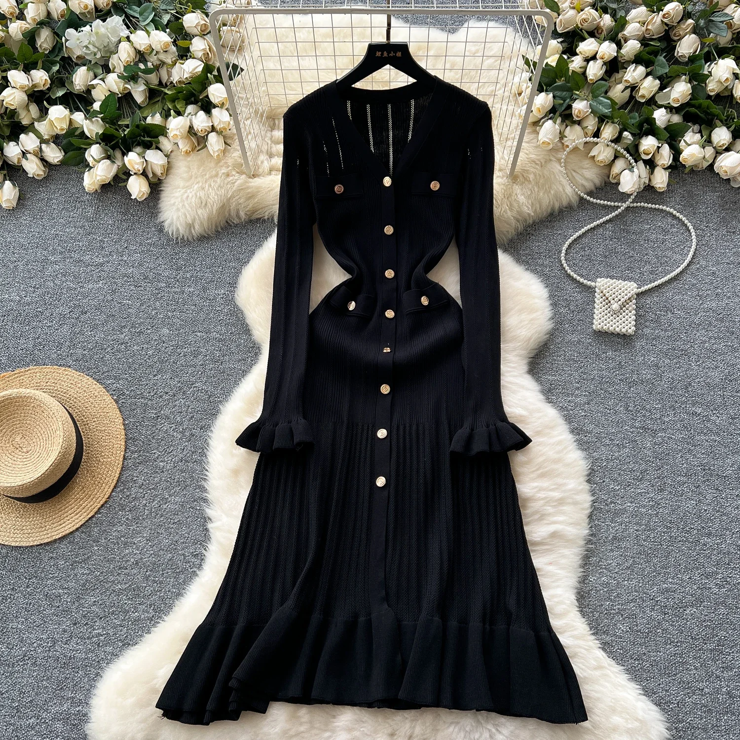 Sexy Chic Long Sleeve V Neck Ruffle Knit Dress Elegant Fashion Party Single Breasted Slim Autumn Dresses