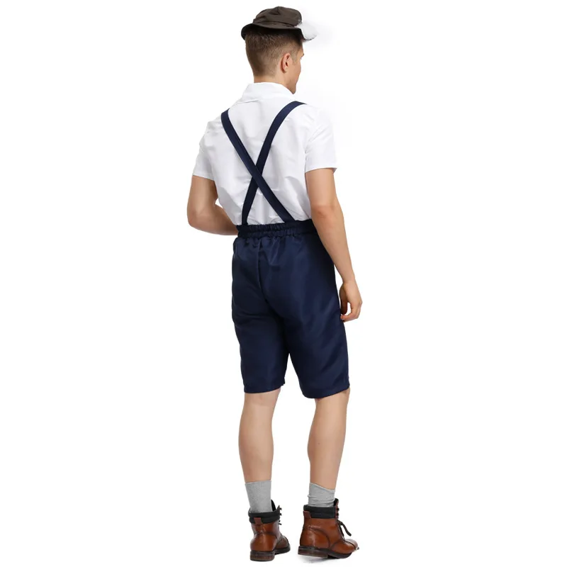 Germany Oktoberfest Lederhosen Costume Bavarian Beer Man Dark Blue Suspenders Shorts T-Shirt Hat Carnival Party Cosplay Suit