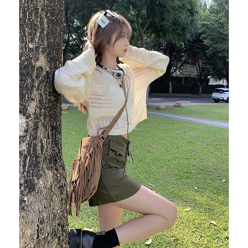 

Spicy Girl Autumn Set Hollow out Knitted Top Women's Workwear Denim Skirt plus Size Fat MM ort Skirt Two Piece Set